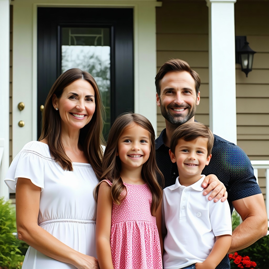 family standing in front of house smiling family standing in front of house smiling